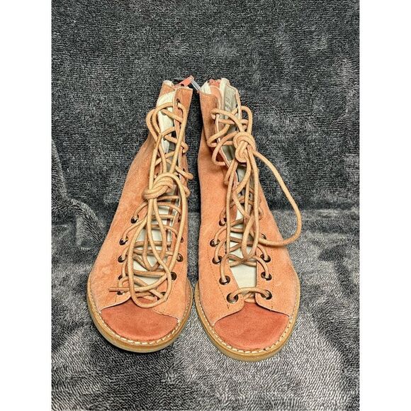 Jeffrey Campbell X Free People Women 8.5 Sandal Pink Leather Block Heel Lace Up - Picture 2 of 7